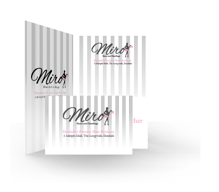 Digital & Branding Solutions for Retailers - Miro Shoes and Handbags Gift Voucher Flyer & Business Card Mockup - Graphic Design by The Digital Bakery Creative Agency in Dundalk Louth