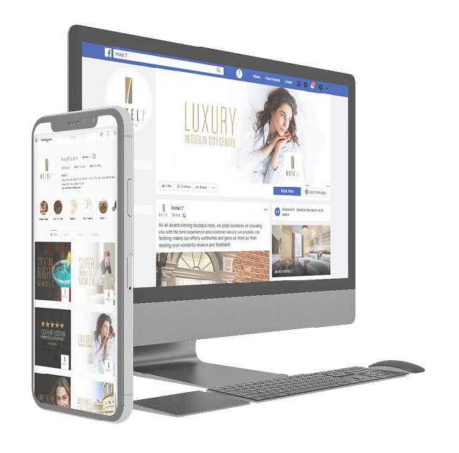 Computer and Smartphone Mockups of the Digital Marketing Strategy results on Facebook and Instagram for Pages of Hotels 7, performed by The Digital Bakery Creative Agency in Dundalk Louth