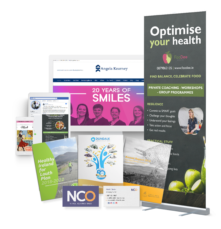 Examples of Websites, Pull up Banner, Graphic Design, Business Cards, Booklets, and Social Media Content Designed by The Digital Bakery Creative Agency in Dundalk Louth
